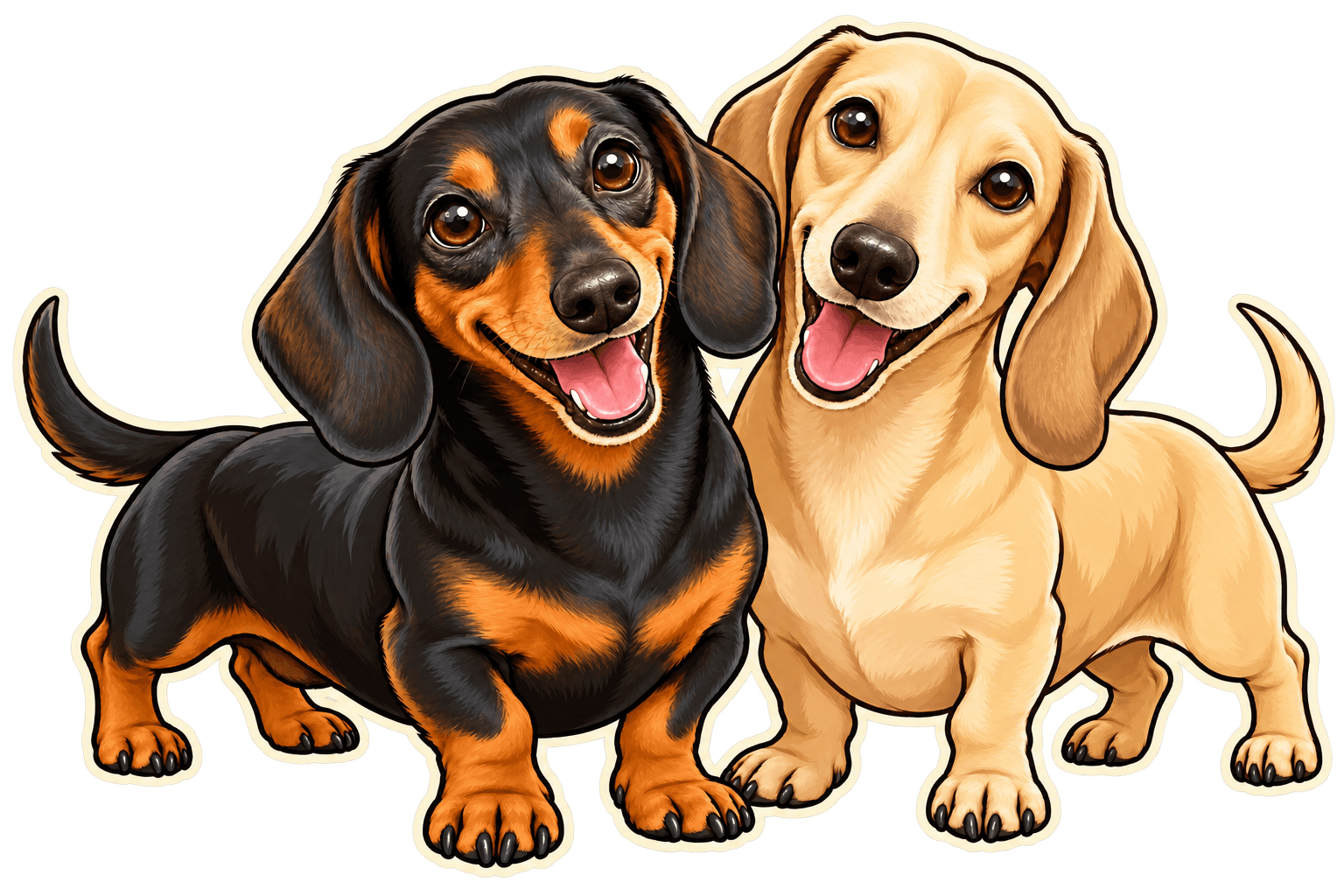 Oscar, our black-and-tan miniature dachshund, and Kelso, our blonde miniature dachshund, illustrated together.